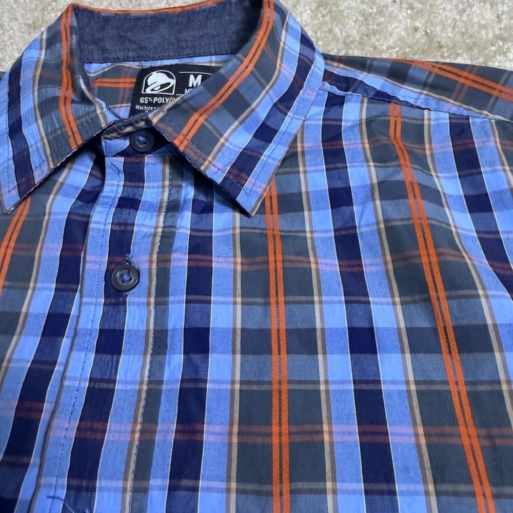 Taco Bell Mens M Button Up Shirt Plaid Short Sleeve Employee Uniform Logo